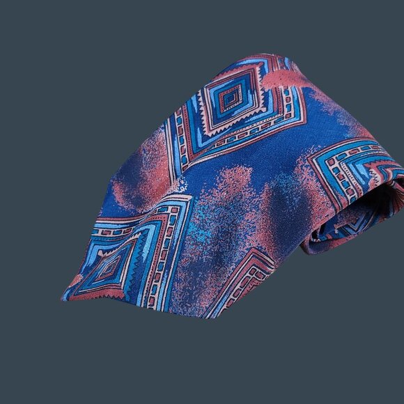 Robert Stewart 100% Silk Geometric Pattern Tie 56.5" X 3.5" Red & Blue Made In U - Picture 1 of 6
